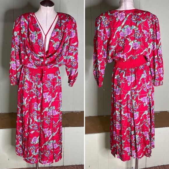 Vintage 80s Designer Diane Freis 100% Silk Beaded Plunge Floral‎ Midi Dress S M - Picture 3 of 12